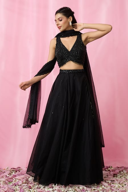 Shop_Aariyana Couture_Black Net, Organza Beads, Sequins V-neck Embellished Lehenga Set _Online_at_Aza_Fashions
