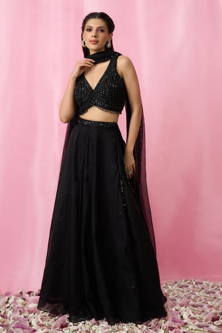Aariyana Couture_Black Net, Organza Beads, Sequins V-neck Embellished Lehenga Set _at_Aza_Fashions