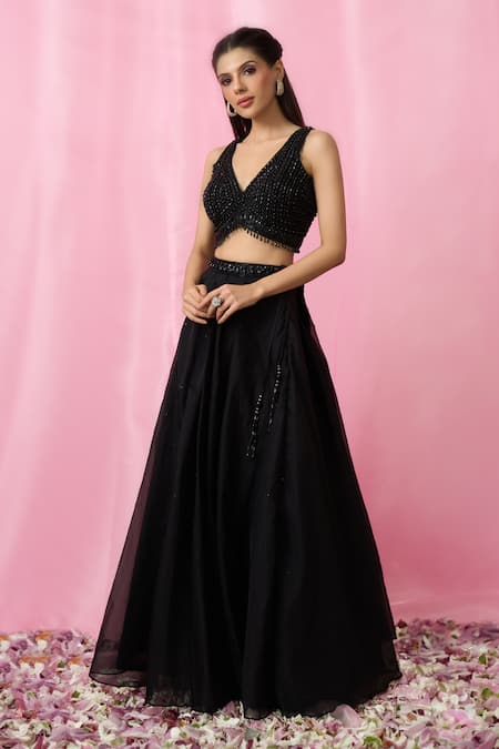 Shop_Aariyana Couture_Black Net, Organza Beads, Sequins V-neck Embellished Lehenga Set 