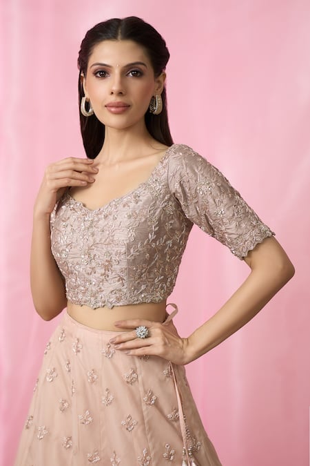 Shop Aariyana Couture Gold Silk, Organza, Net Pearls, Sequins, Leaf Embroidered Lehenga Blouse Set Shop_Aariyana Couture_Gold Silk, Organza, Net Pearls, Sequins, Leaf Embroidered Lehenga Blouse Set