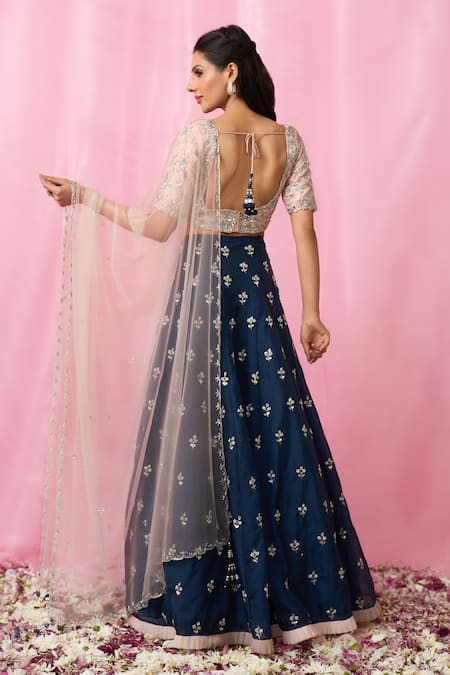 Shop_Aariyana Couture_Peach Silk, Organza, Net Pearls, Sequins, Crystals, Hand Lehenga Blouse Set _at_Aza_Fashions