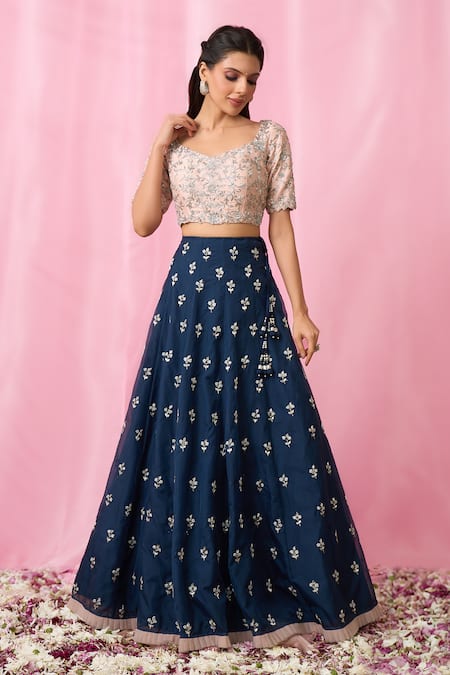 Aariyana Couture_Peach Silk, Organza, Net Pearls, Sequins, Crystals, Hand Lehenga Blouse Set _Online_at_Aza_Fashions