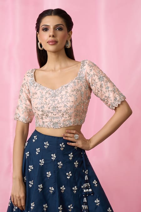 Buy_Aariyana Couture_Peach Silk, Organza, Net Pearls, Sequins, Crystals, Hand Lehenga Blouse Set _Online_at_Aza_Fashions