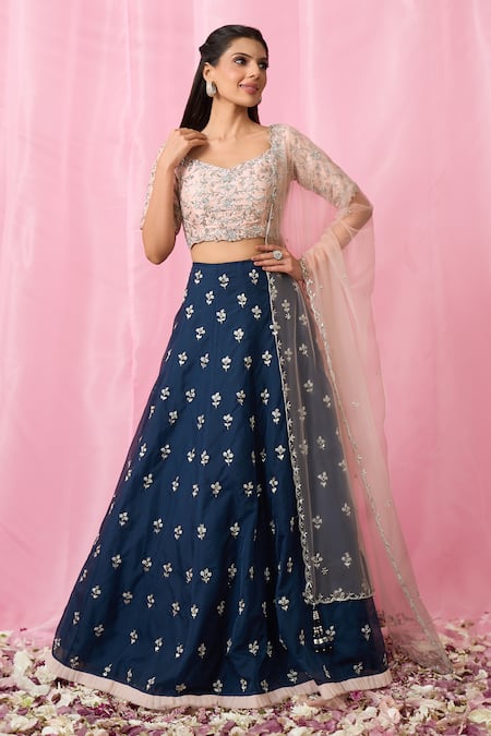 Shop_Aariyana Couture_Peach Silk, Organza, Net Pearls, Sequins, Crystals, Hand Lehenga Blouse Set _Online_at_Aza_Fashions