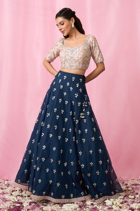 Buy_Aariyana Couture_Peach Silk, Organza, Net Pearls, Sequins, Crystals, Hand Lehenga Blouse Set 