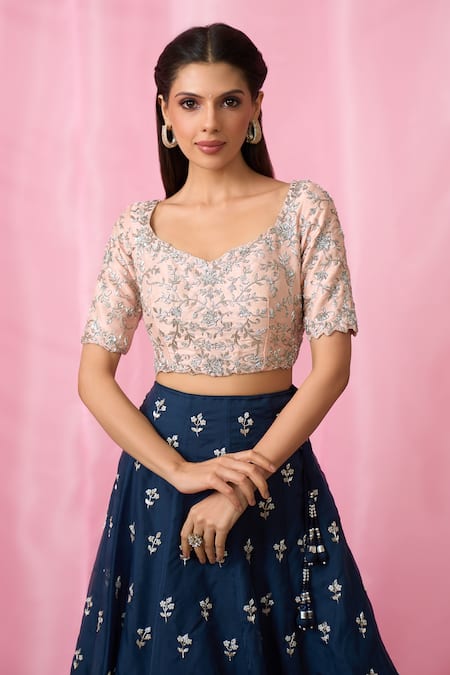 Shop_Aariyana Couture_Peach Silk, Organza, Net Pearls, Sequins, Crystals, Hand Lehenga Blouse Set 