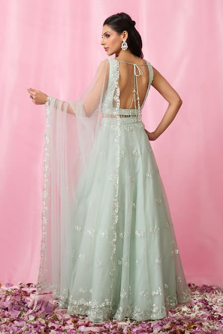 Shop Aariyana Couture Blue Net, Organza Sequins, Cut Work, Stones Floral Booti Embroidered Lehenga Set at Aza Fashions Shop_Aariyana Couture_Blue Net, Organza Sequins, Cut Work, Stones Floral Booti Embroidered Lehenga Set _at_Aza_Fashions