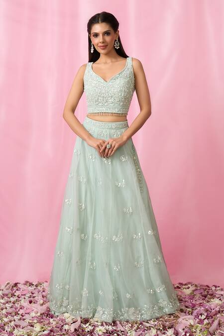 Aariyana Couture Blue Net, Organza Sequins, Cut Work, Stones Floral Booti Embroidered Lehenga Set Online at Aza Fashions Aariyana Couture_Blue Net, Organza Sequins, Cut Work, Stones Floral Booti Embroidered Lehenga Set _Online_at_Aza_Fashions