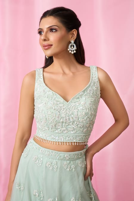 Buy Aariyana Couture Blue Net, Organza Sequins, Cut Work, Stones Floral Booti Embroidered Lehenga Set Online at Aza Fashions Buy_Aariyana Couture_Blue Net, Organza Sequins, Cut Work, Stones Floral Booti Embroidered Lehenga Set _Online_at_Aza_Fashions