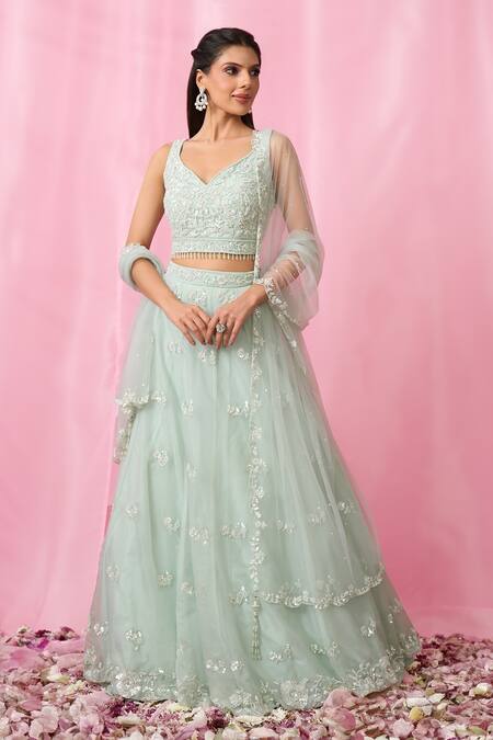 Aariyana Couture Blue Net, Organza Sequins, Cut Work, Stones Floral Booti Embroidered Lehenga Set at Aza Fashions Aariyana Couture_Blue Net, Organza Sequins, Cut Work, Stones Floral Booti Embroidered Lehenga Set _at_Aza_Fashions