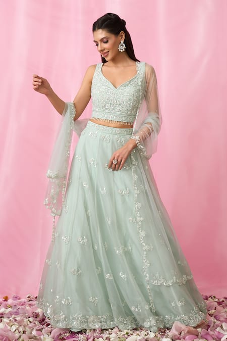 Buy Aariyana Couture Blue Net, Organza Sequins, Cut Work, Stones Floral Booti Embroidered Lehenga Set Buy_Aariyana Couture_Blue Net, Organza Sequins, Cut Work, Stones Floral Booti Embroidered Lehenga Set
