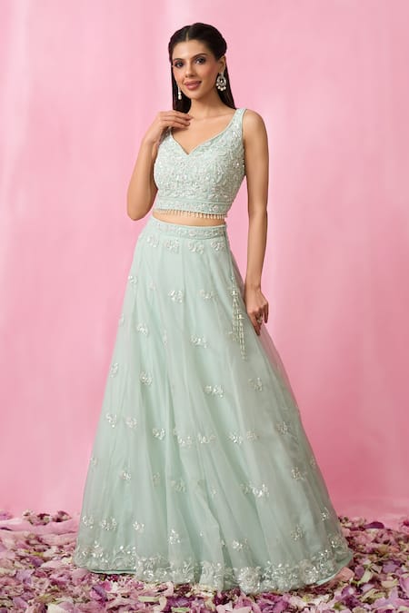 Shop Aariyana Couture Blue Net, Organza Sequins, Cut Work, Stones Floral Booti Embroidered Lehenga Set Shop_Aariyana Couture_Blue Net, Organza Sequins, Cut Work, Stones Floral Booti Embroidered Lehenga Set