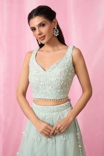 Shop Aariyana Couture Blue Net, Organza Sequins, Cut Work, Stones Floral Booti Embroidered Lehenga Set Shop_Aariyana Couture_Blue Net, Organza Sequins, Cut Work, Stones Floral Booti Embroidered Lehenga Set