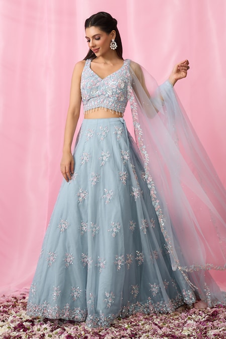 Alaya Advani Sky Blue Blouse And Dupatta Net Embroidered Cutdana Floral Booti Lehenga Set