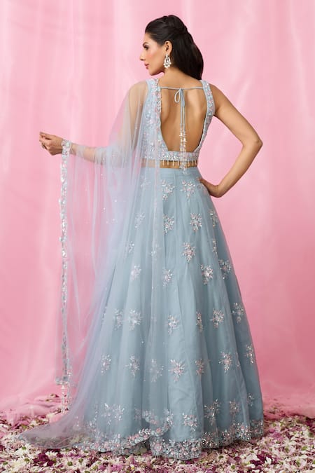 Shop_Aariyana Couture_Sky Blue Net, Organza Cut Work, Sequins, Floral Booti Lehenga Blouse Set _at_Aza_Fashions
