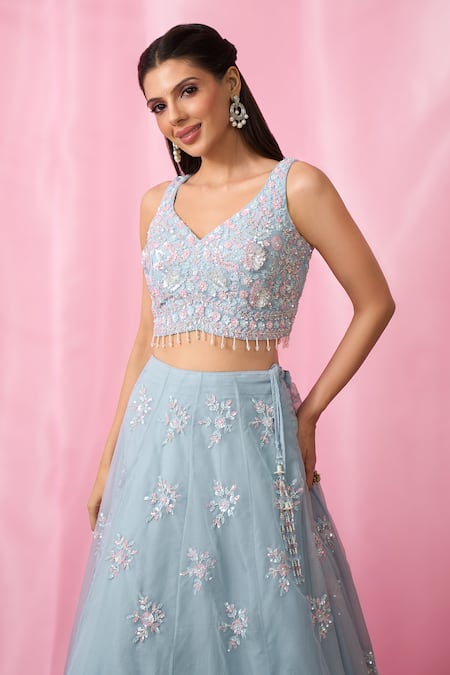 Aariyana Couture_Sky Blue Net, Organza Cut Work, Sequins, Floral Booti Lehenga Blouse Set _Online_at_Aza_Fashions
