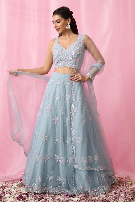 Shop_Aariyana Couture_Sky Blue Net, Organza Cut Work, Sequins, Floral Booti Lehenga Blouse Set _Online_at_Aza_Fashions