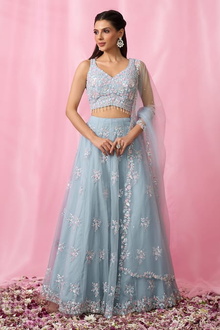 Aariyana Couture_Sky Blue Net, Organza Cut Work, Sequins, Floral Booti Lehenga Blouse Set _at_Aza_Fashions