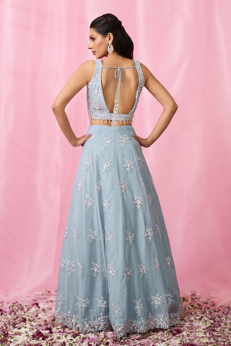 Buy_Aariyana Couture_Sky Blue Net, Organza Cut Work, Sequins, Floral Booti Lehenga Blouse Set 