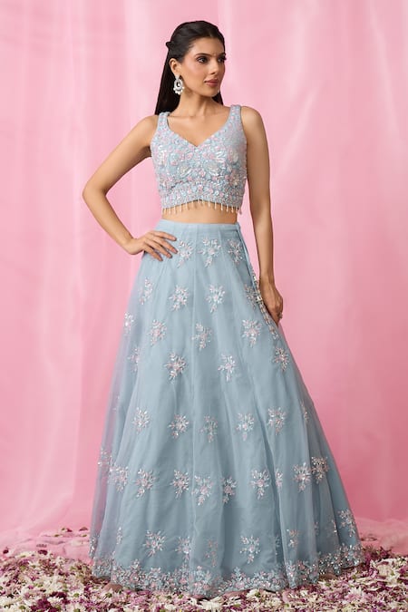 Shop_Aariyana Couture_Sky Blue Net, Organza Cut Work, Sequins, Floral Booti Lehenga Blouse Set 