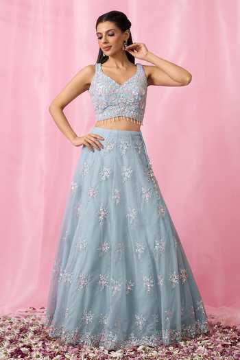 Shop Aariyana Couture Sky Blue Net, Organza Cut Work, Sequins, Floral Booti Lehenga Blouse Set Shop_Aariyana Couture_Sky Blue Net, Organza Cut Work, Sequins, Floral Booti Lehenga Blouse Set
