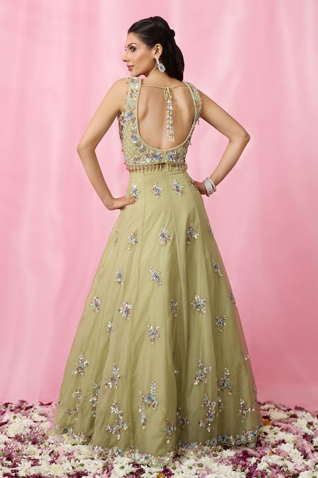 Shop_Aariyana Couture_Green Net, Organza Cut Work, Sequins, Floral Booti Hand Lehenga Blouse Set _at_Aza_Fashions