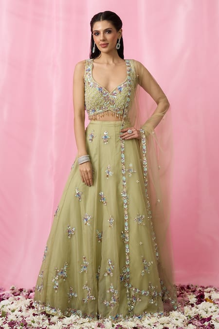 Buy_Aariyana Couture_Green Net, Organza Cut Work, Sequins, Floral Booti Hand Lehenga Blouse Set _Online_at_Aza_Fashions