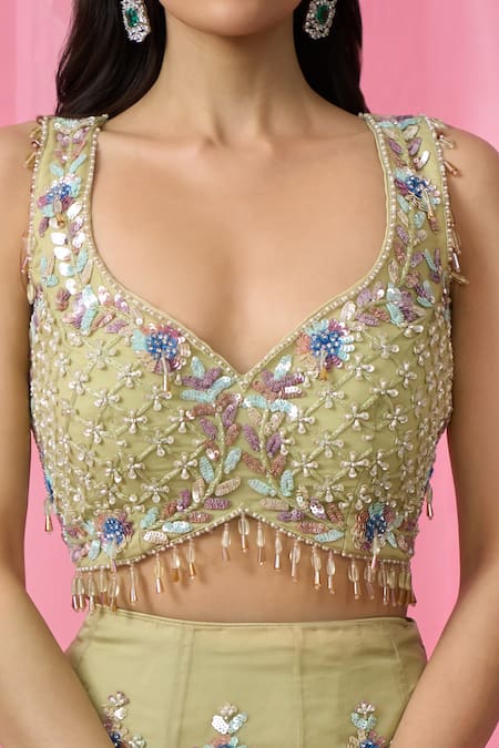 Shop_Aariyana Couture_Green Net, Organza Cut Work, Sequins, Floral Booti Hand Lehenga Blouse Set _Online_at_Aza_Fashions
