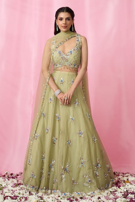 Aariyana Couture_Green Net, Organza Cut Work, Sequins, Floral Booti Hand Lehenga Blouse Set _at_Aza_Fashions