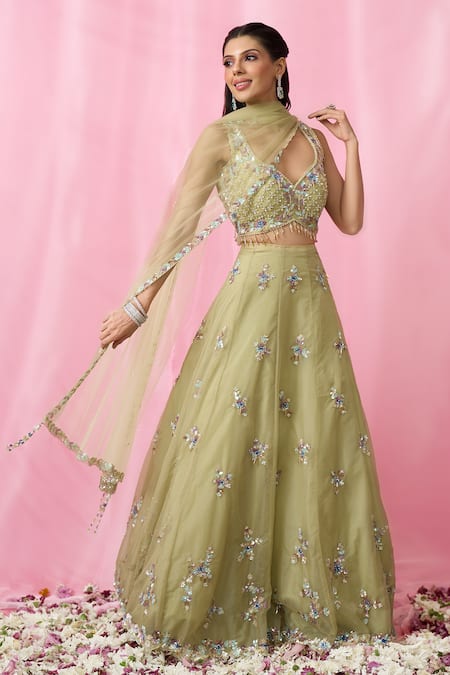 Buy_Aariyana Couture_Green Net, Organza Cut Work, Sequins, Floral Booti Hand Lehenga Blouse Set 