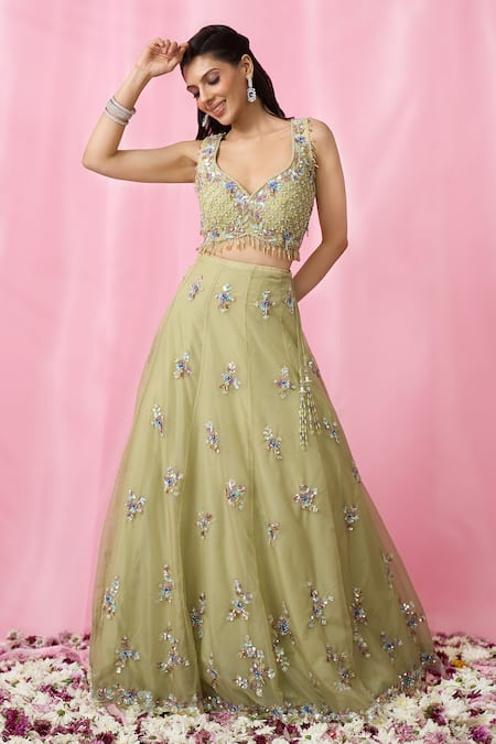 Shop_Aariyana Couture_Green Net, Organza Cut Work, Sequins, Floral Booti Hand Lehenga Blouse Set 