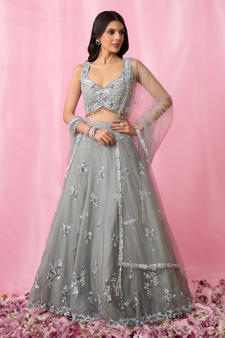 Alaya Advani Grey Blouse And Dupatta Net Embroidered Sequin Floral Booti Hand Work Lehenga Set