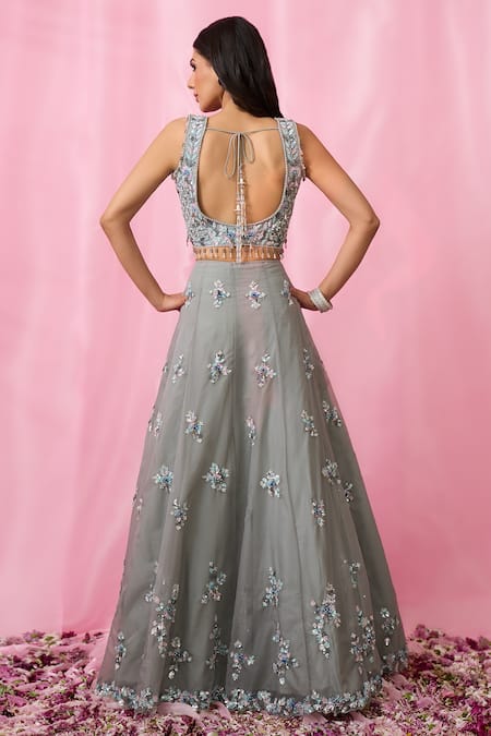 Shop_Aariyana Couture_Grey Net, Organza Pearls, Sequins, Cut Work, Floral Booti Hand Lehenga Set _at_Aza_Fashions