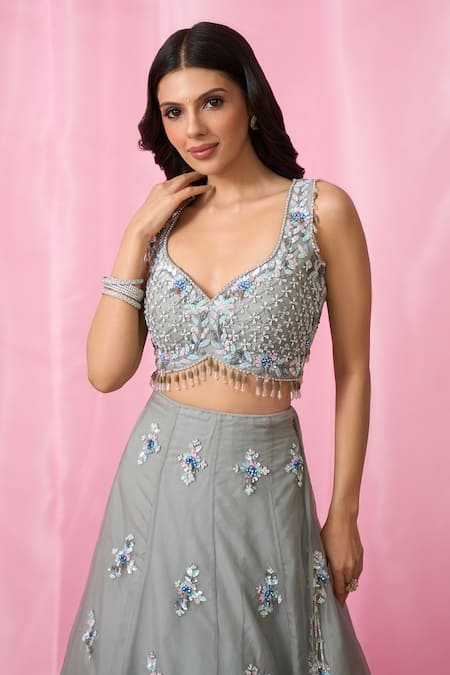Aariyana Couture_Grey Net, Organza Pearls, Sequins, Cut Work, Floral Booti Hand Lehenga Set _Online_at_Aza_Fashions