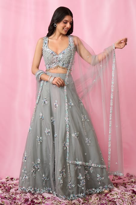 Shop_Aariyana Couture_Grey Net, Organza Pearls, Sequins, Cut Work, Floral Booti Hand Lehenga Set _Online_at_Aza_Fashions