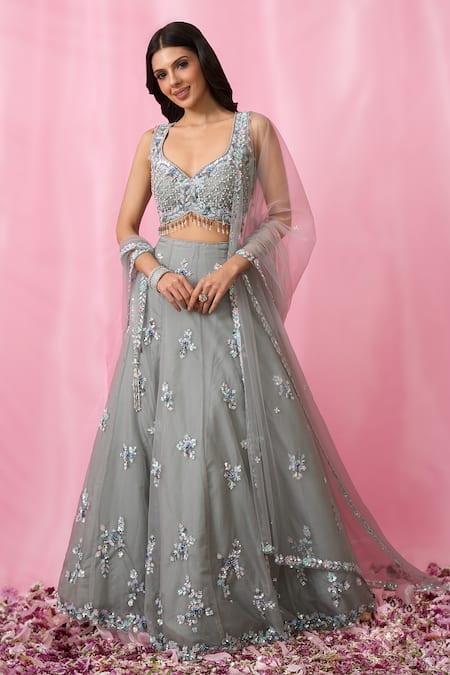 Aariyana Couture_Grey Net, Organza Pearls, Sequins, Cut Work, Floral Booti Hand Lehenga Set _at_Aza_Fashions