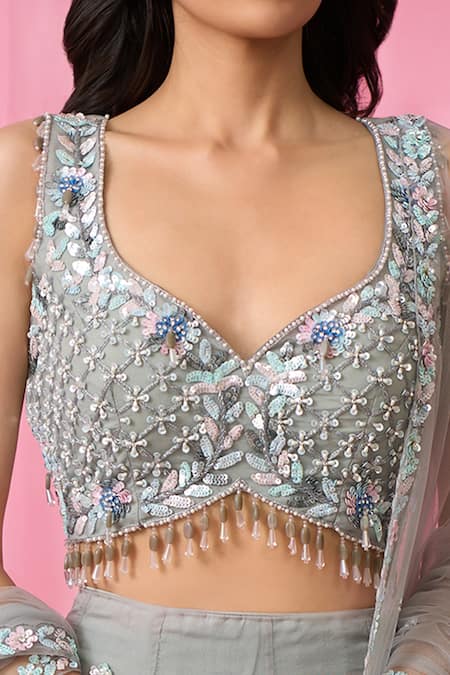 Buy_Aariyana Couture_Grey Net, Organza Pearls, Sequins, Cut Work, Floral Booti Hand Lehenga Set 
