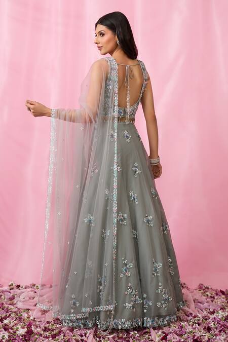 Shop_Aariyana Couture_Grey Net, Organza Pearls, Sequins, Cut Work, Floral Booti Hand Lehenga Set 
