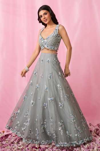 Shop Aariyana Couture Grey Net, Organza Pearls, Sequins, Cut Work, Floral Booti Hand Lehenga Set Shop_Aariyana Couture_Grey Net, Organza Pearls, Sequins, Cut Work, Floral Booti Hand Lehenga Set