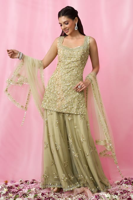 Aariyana Couture_Green Organza, Net Cut Work, Pearls, Floral Hand Embroidered Kurta Sharara Set _Online_at_Aza_Fashions
