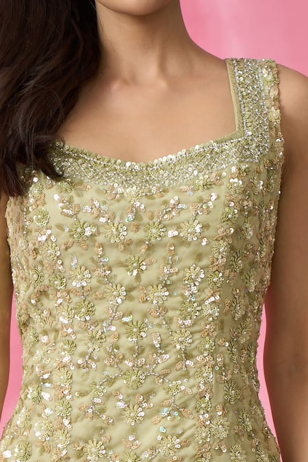 Shop_Aariyana Couture_Green Organza, Net Cut Work, Pearls, Floral Hand Embroidered Kurta Sharara Set _Online_at_Aza_Fashions