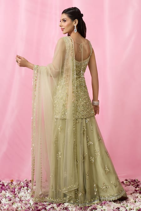 Aariyana Couture_Green Organza, Net Cut Work, Pearls, Floral Hand Embroidered Kurta Sharara Set _at_Aza_Fashions