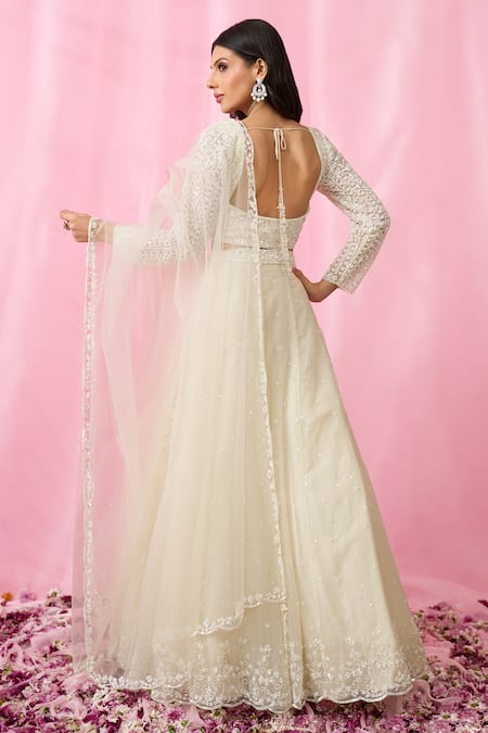 Shop_Aariyana Couture_Ivory Net, Organza Cut Work, Pearls, Sequins, Hand Embroidered Lehenga Set _at_Aza_Fashions