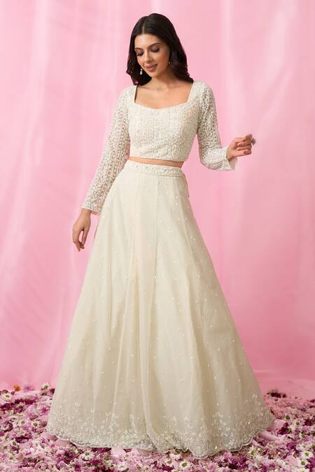 Aariyana Couture_Ivory Net, Organza Cut Work, Pearls, Sequins, Hand Embroidered Lehenga Set _Online_at_Aza_Fashions