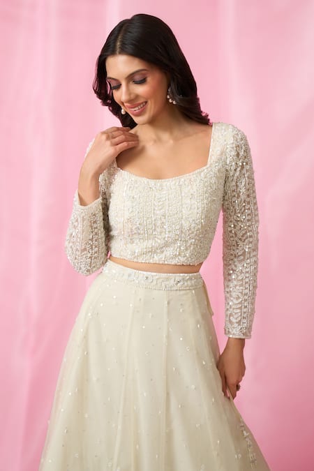 Buy_Aariyana Couture_Ivory Net, Organza Cut Work, Pearls, Sequins, Hand Embroidered Lehenga Set _Online_at_Aza_Fashions