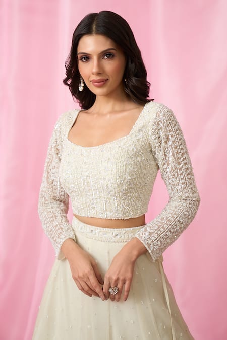 Shop_Aariyana Couture_Ivory Net, Organza Cut Work, Pearls, Sequins, Hand Embroidered Lehenga Set _Online_at_Aza_Fashions