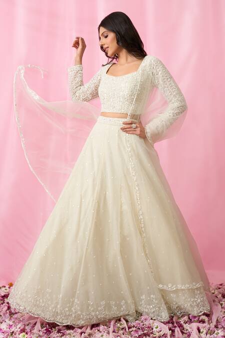 Buy_Aariyana Couture_Ivory Net, Organza Cut Work, Pearls, Sequins, Hand Embroidered Lehenga Set 