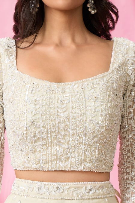 Shop_Aariyana Couture_Ivory Net, Organza Cut Work, Pearls, Sequins, Hand Embroidered Lehenga Set 