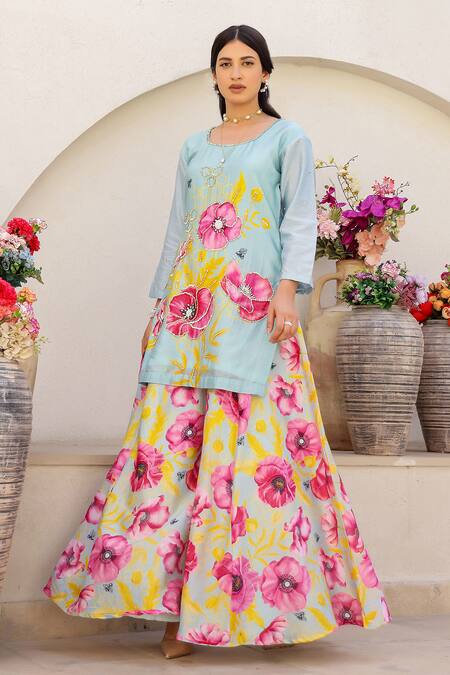 Chrkha_Green Cotton Satin, Chanderi Silk Sequins, Beads Floral Print Kurta With Sharara _Online_at_Aza_Fashions