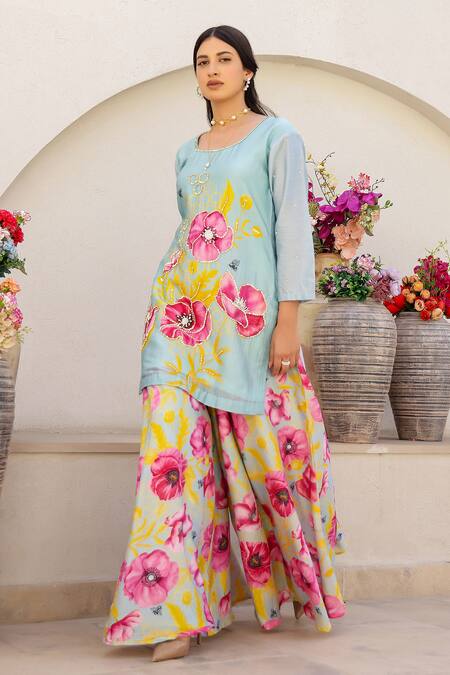 Buy_Chrkha_Green Cotton Satin, Chanderi Silk Sequins, Beads Floral Print Kurta With Sharara _Online_at_Aza_Fashions
